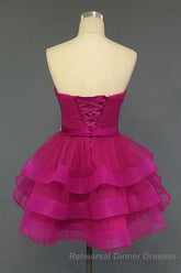 Hot Pink Organza Sweetheart Neckline Short Beadings Belt Tiered Rose Red Layers Semi Formal Prom Dresses